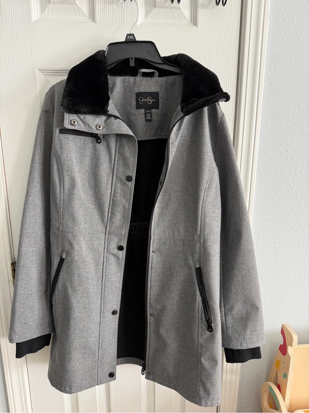 Jessica Simpson Gray Trench Coat with Black Faux Fur Collar